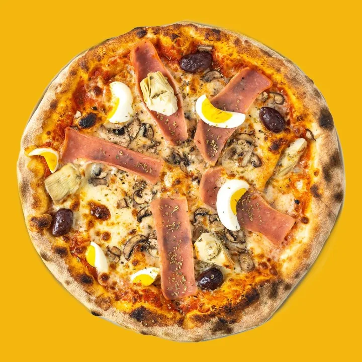 Capricciosa pizza from Good Eats, top view