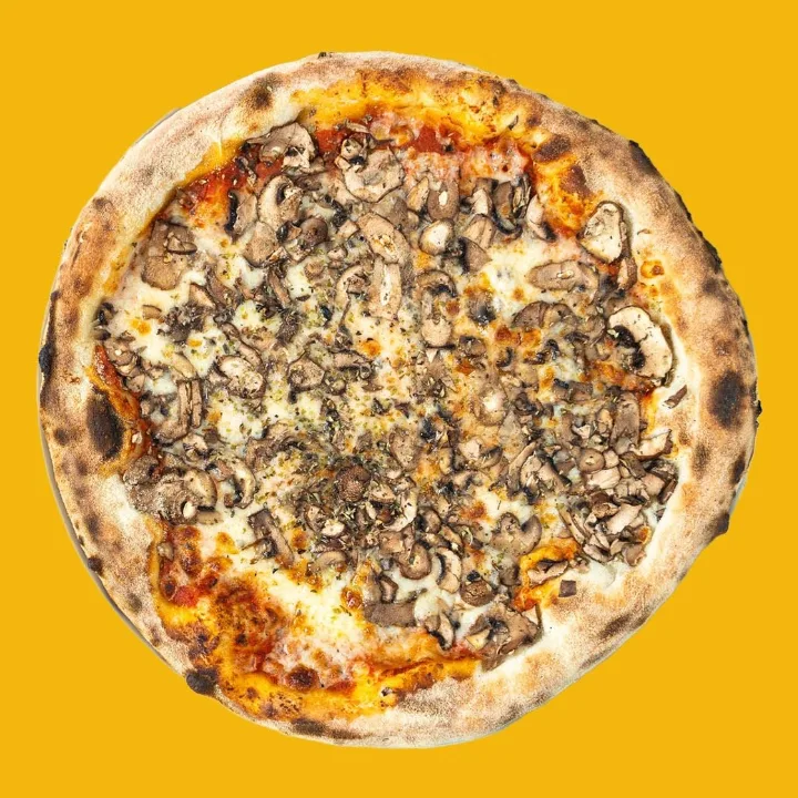 Funghi pizza from Good Eats, top view