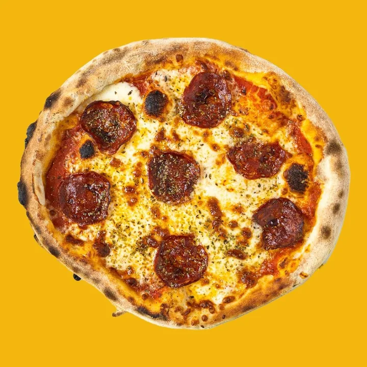 Pepperoni pizza from Good Eats, top view