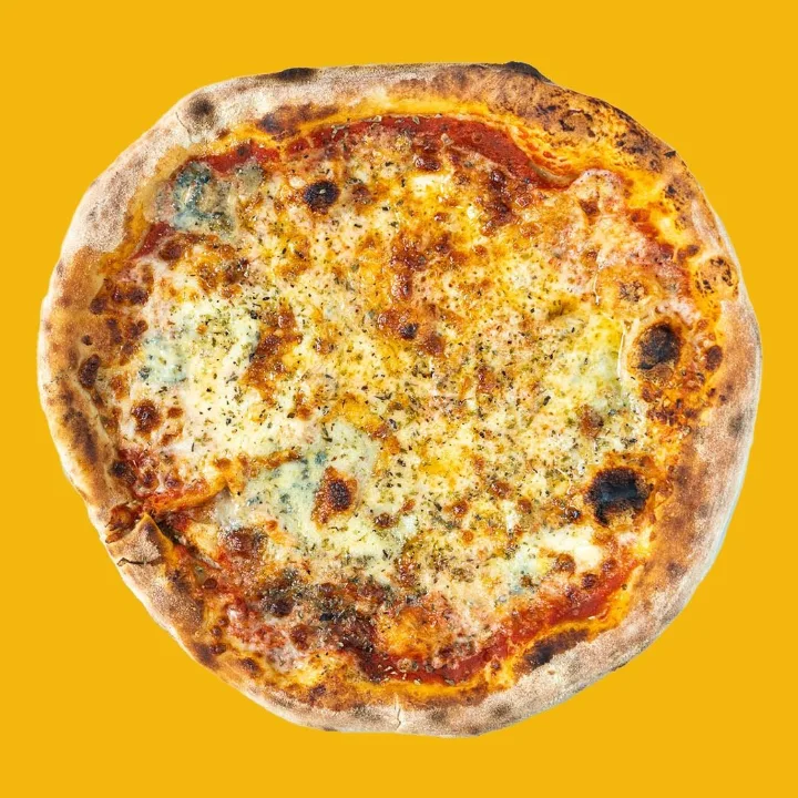 Quattro Formaggi pizza from Good Eats, top view