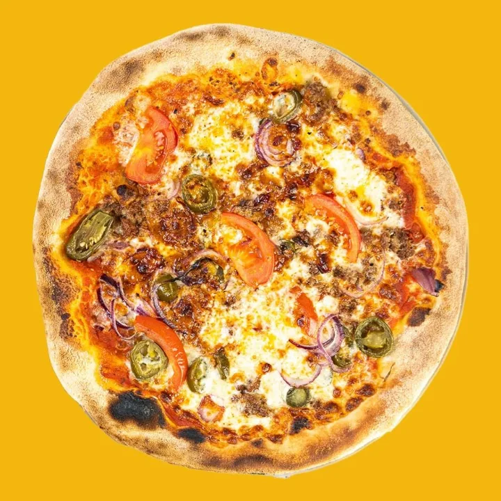 Spicy Beef pizza from Good Eats, top view