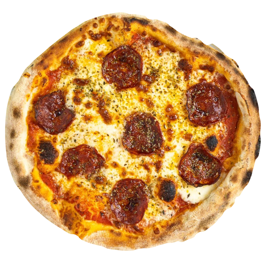 Pepperoni pizza from Good Eats, top view